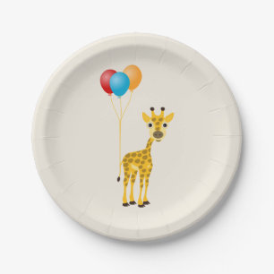 Funny giraffe with colourful balloons paper plate