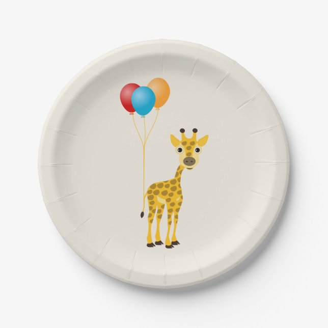 Funny giraffe with colourful balloons paper plate (Front)