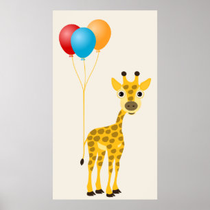 Funny giraffe with colourful balloons poster