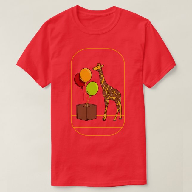 Funny giraffe with rising balloons out of a box T-Shirt (Design Front)