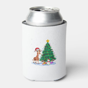 Funny Giraffe Xmas Tree Lights Reindeer Hat Christ Can Cooler