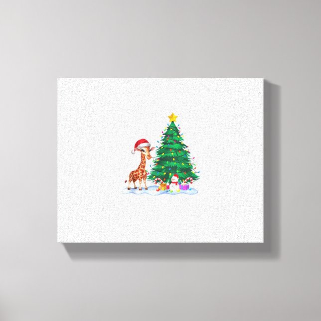 Funny Giraffe Xmas Tree Lights Reindeer Hat Christ Canvas Print (Front)
