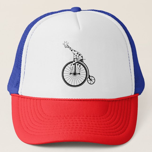Funny giraffee riding a penny-farthing trucker hat (Front)