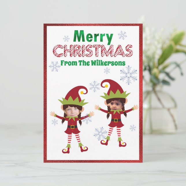 Funny Girl Elves Custom Kids Photos Christmas Holiday Card (Standing Front)