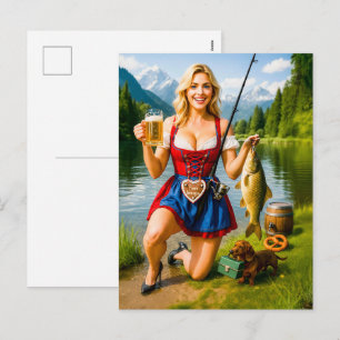 Funny Girl Fishing in Traditional Bavarian Dress Holiday Postcard