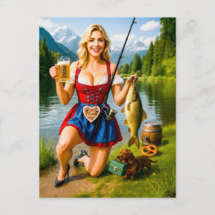 Funny Girl Fishing in Traditional Bavarian Dress Postcard