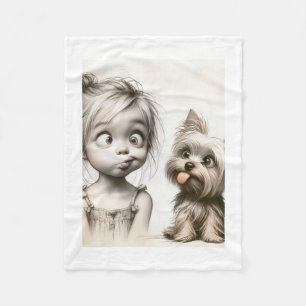 Funny Girl Making Faces with Cute Dog Fleece Blank Blanket