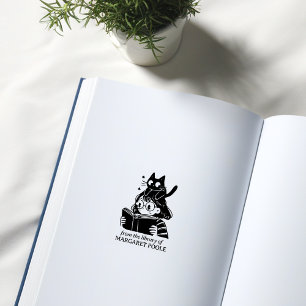 Funny Girl with Cat Bookplate Rubber Stamp