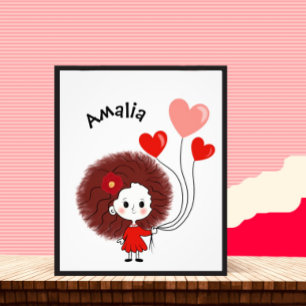 Funny girl with hearts balloons photo print