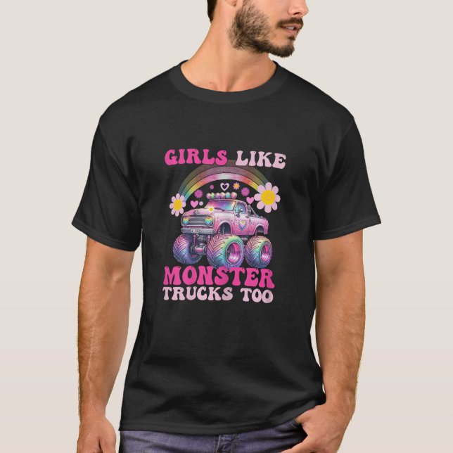 Funny Girls Like Monster Trucks Too Pink Monster T T-Shirt (Front)