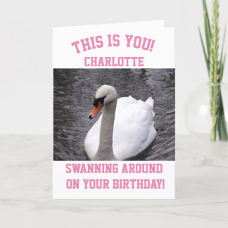 Funny Girly Birthday Card Swan Pink