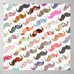 Funny Girly  Colourful Patterns Moustaches Poster