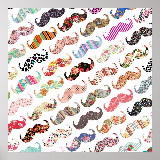 Funny Girly  Colourful Patterns Moustaches Poster (Front)