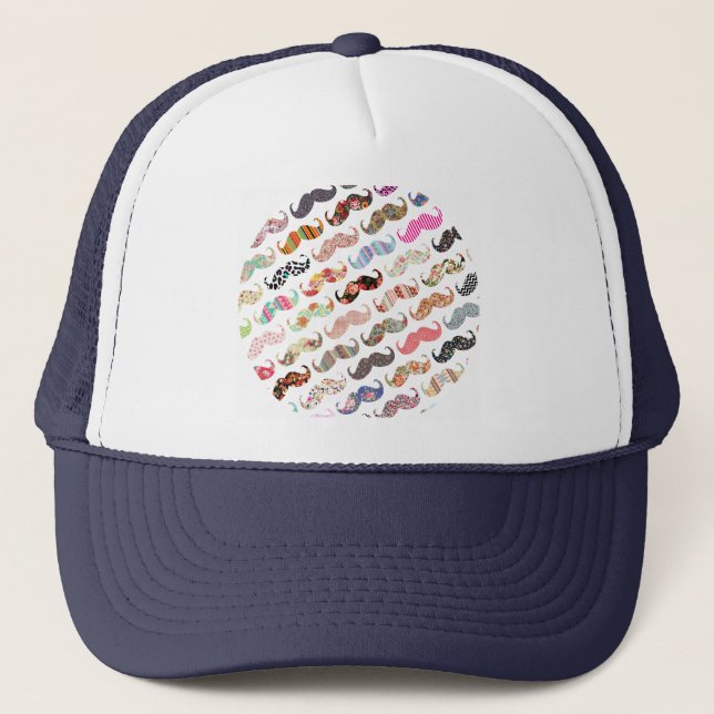 Funny Girly  Colourful Patterns Moustaches Trucker Hat (Front)