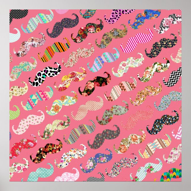 Funny Girly Colourful Pink Aztec Patterns Moustach Poster (Front)