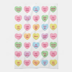 Funny girly cute custom conversation candy hearts tea towel