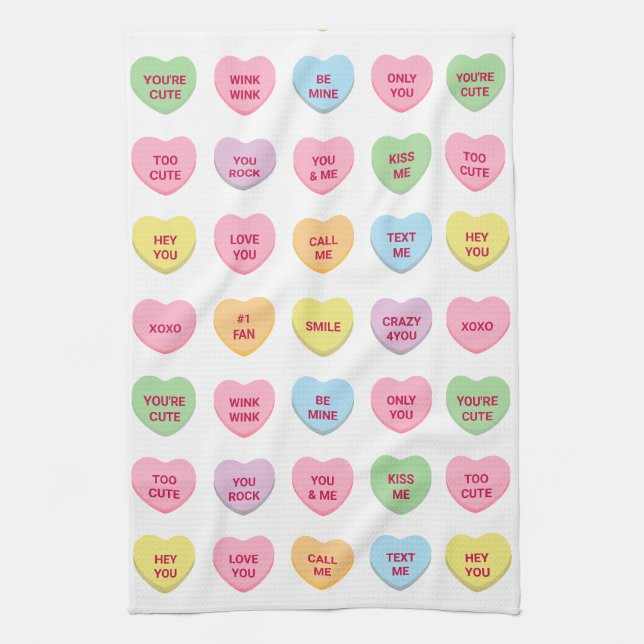 Funny girly cute custom conversation candy hearts tea towel (Vertical)