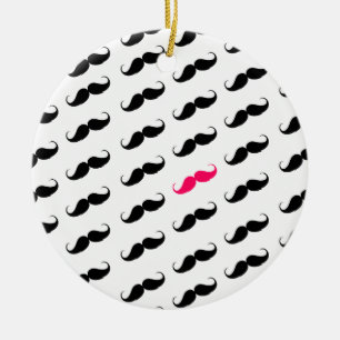 Funny Girly Pink  And Black Moustache Pattern Ceramic Tree Decoration