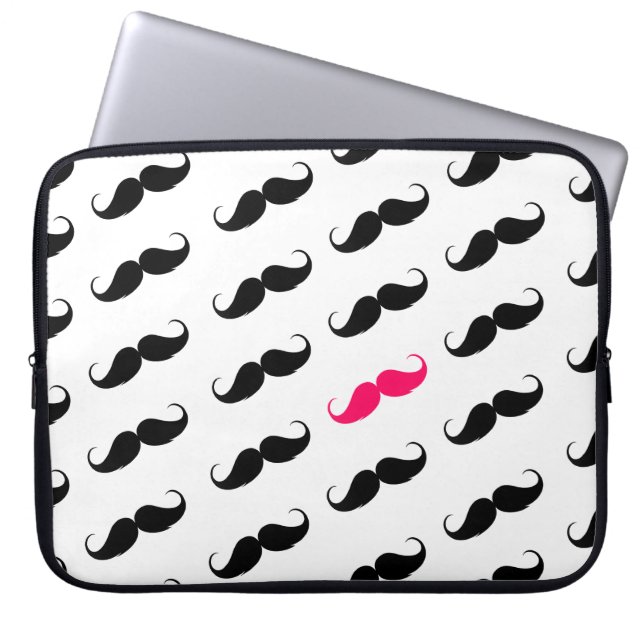 Funny Girly Pink  And Black Moustache Pattern Laptop Sleeve (Front)