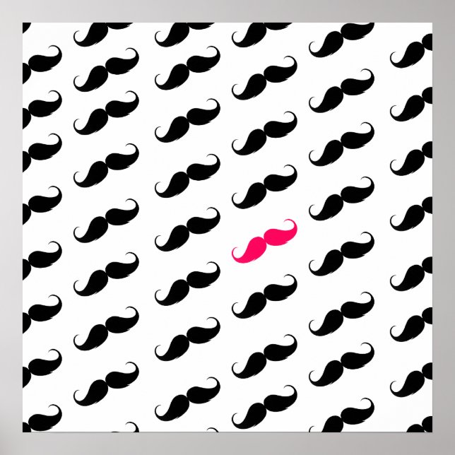 Funny Girly Pink  And Black Mustache Pattern Poster (Front)