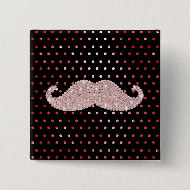 Funny Girly Pink Bling Moustache Polka Dots 15 Cm Square Badge (Front)