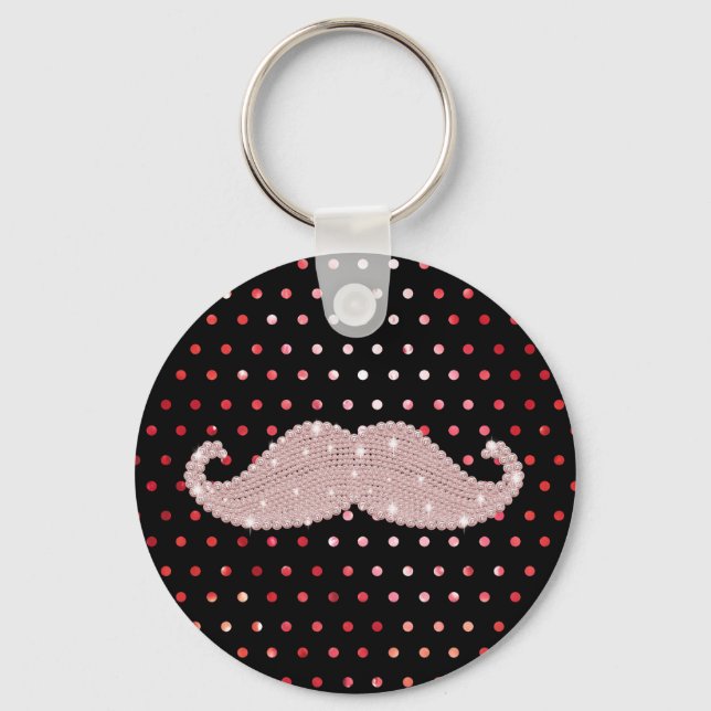 Funny Girly Pink Bling Moustache Polka Dots Key Ring (Front)