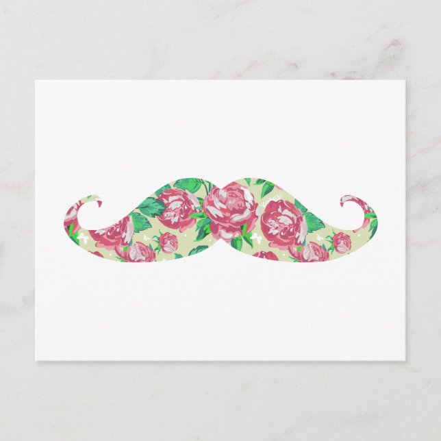 Funny Girly Pink Green White Floral Moustache Postcard (Front)