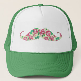 Funny Girly Pink Green White Floral Moustache Trucker Hat