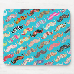 Funny Girly Turquoise Floral Aztec Moustaches Mouse Mat