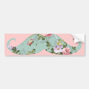 Funny Girly Vintage Red Pink Floral Moustache Bumper Sticker