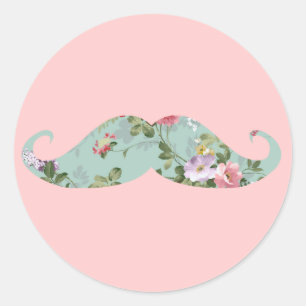 Funny Girly Vintage Red Pink Floral Moustache Classic Round Sticker