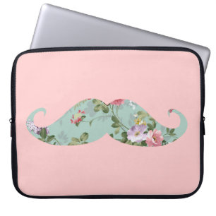Funny Girly Vintage Red Pink Floral Moustache Laptop Sleeve