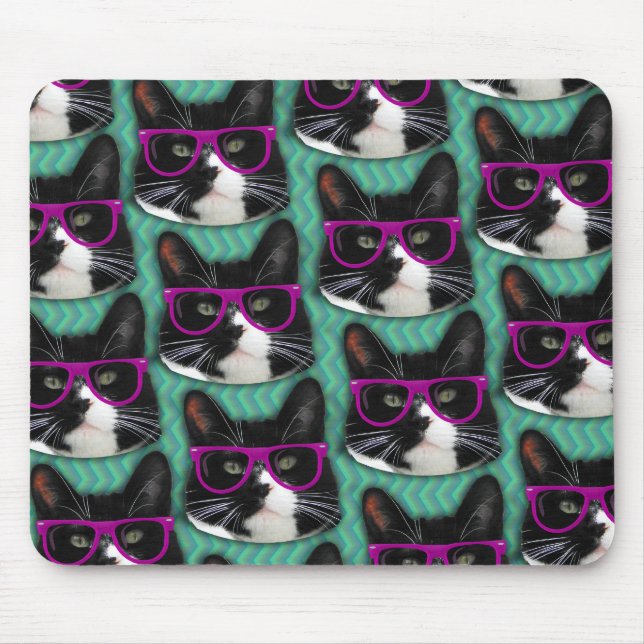 Funny Glasses Tuxedo Cat Pattern Mouse Mat (Front)