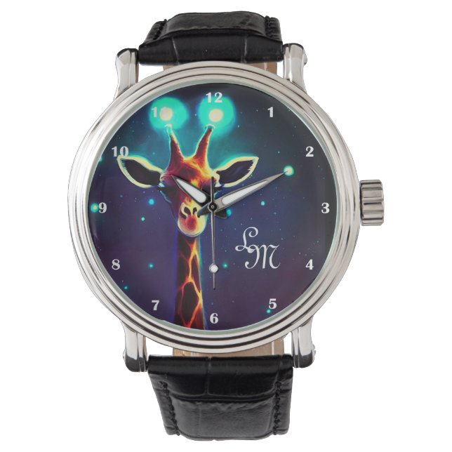 Funny Glowing Light Giraffe Galaxy Stars Dark Blue Watch (Front)