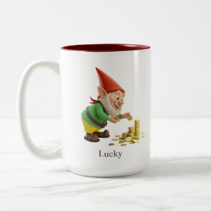 Funny Gnome, Gold Coins, Calligraphy & Monogram Two-Tone Coffee Mug