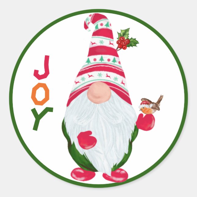 Funny Gnome Joy Christmas Classic Round Sticker (Front)