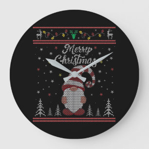 Funny Gnome Merry Christmas Large Clock