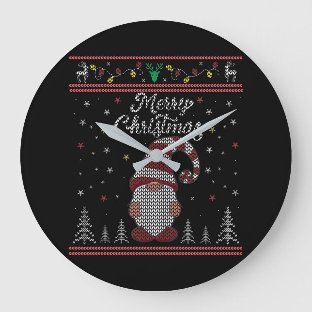 Funny Gnome Merry Christmas Large Clock (Front)