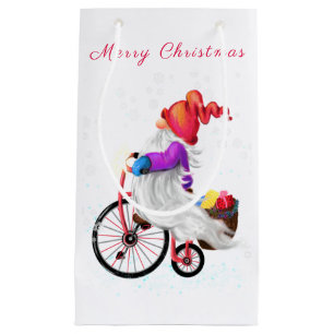 Funny Gnome with Bike and Gifts - Christmas Small Gift Bag