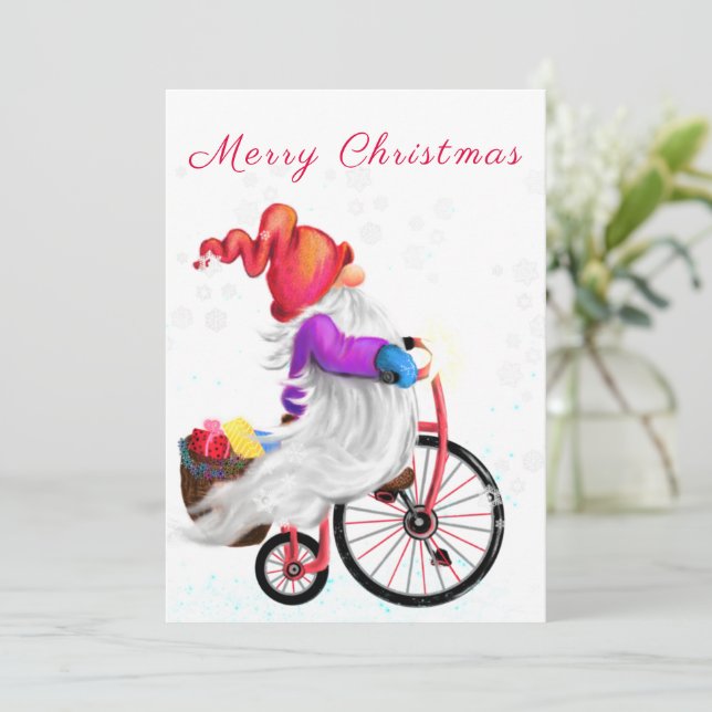 Funny Gnome with Bike and Gifts - Merry Christmas (Standing Front)