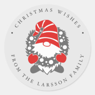 Funny Gnome with Garland Grey Festive address Classic Round Sticker