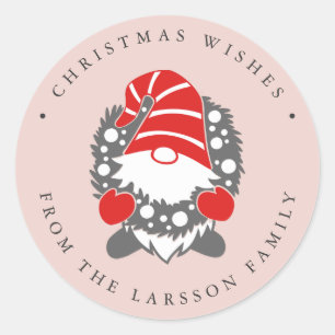 Funny Gnome with Garland Pink Festive Classic Round Sticker
