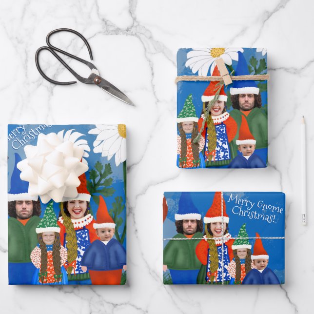 Funny Gnome Your Family Add Face Photo Christmas  Wrapping Paper Sheet (Front)