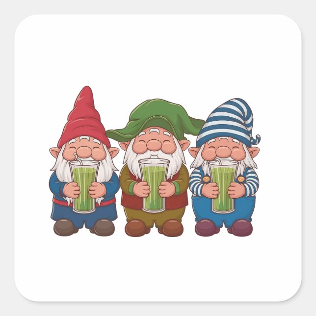 Funny Gnomes Holding a Matcha Drink Magical  Square Sticker (Front)
