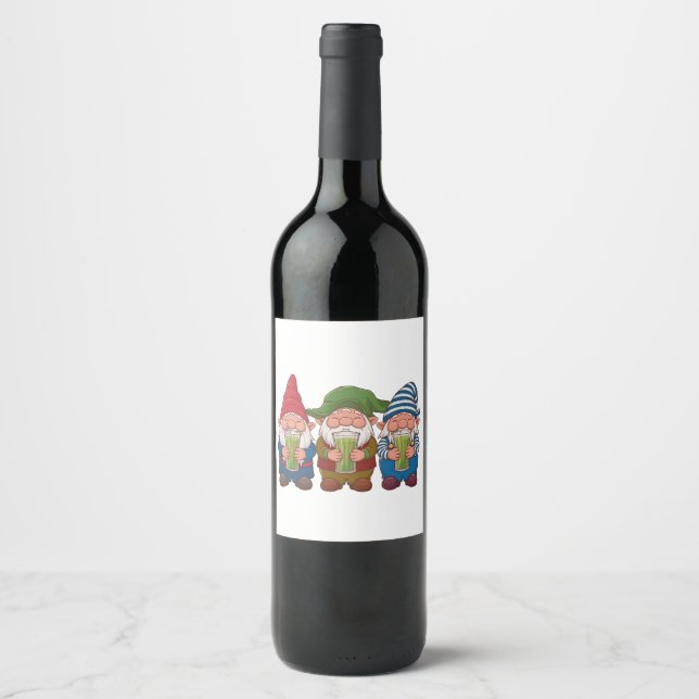 Funny Gnomes Holding a Matcha Drink Magical  Wine Label (Front)