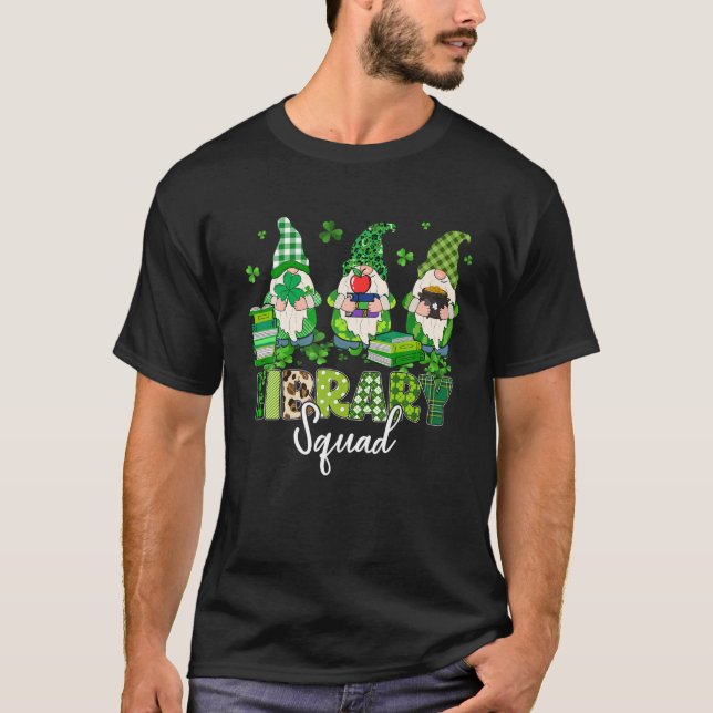 Funny Gnomes Leopard Shamrock Library Squad St Pat T-Shirt (Front)