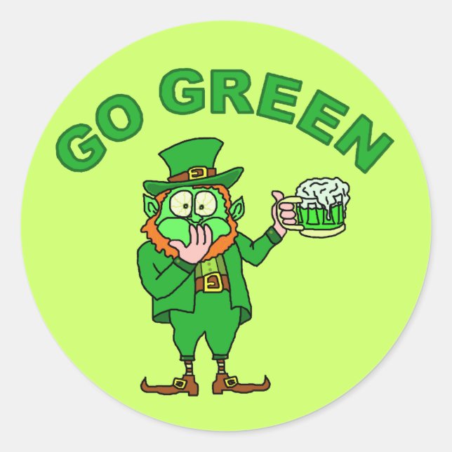 Funny "Go Green" Drunk Leprechaun Classic Round Sticker (Front)