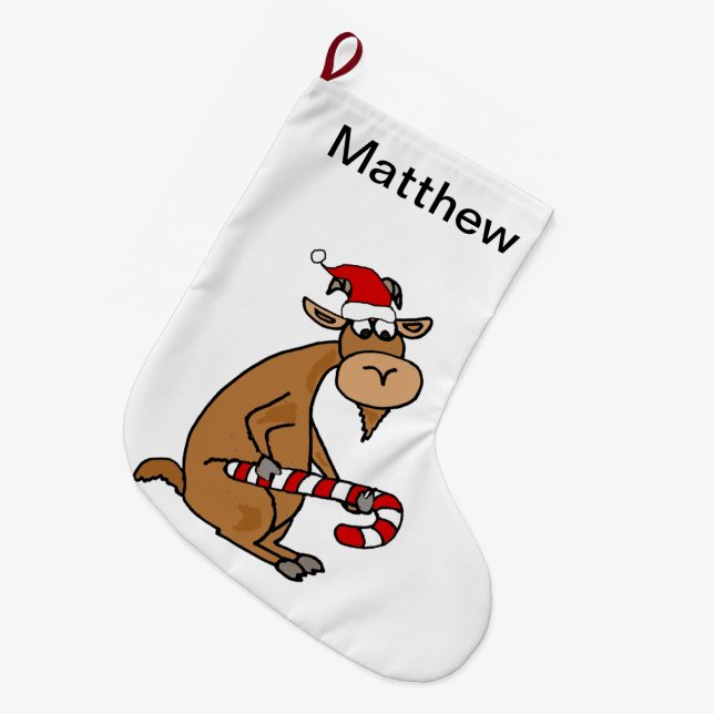 Funny Goat in Santa hat Cartoon Large Christmas Stocking (Front (Hanging))