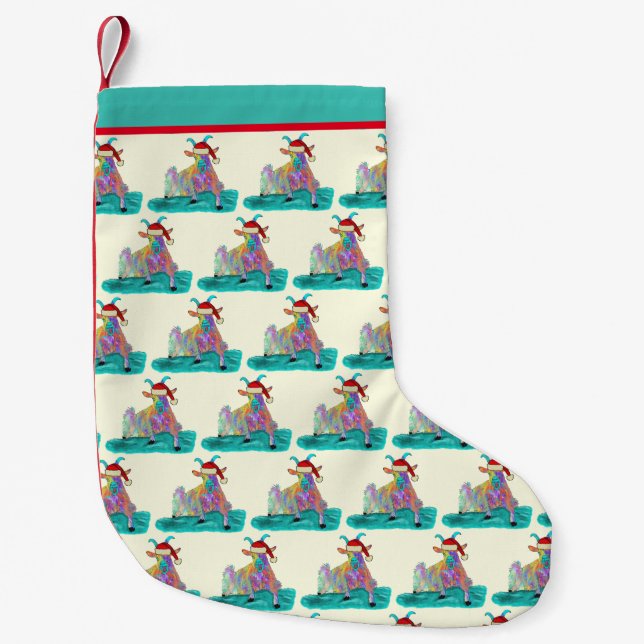 Funny Goat Screaming Colourful Santa Illustration  Small Christmas Stocking (Front)