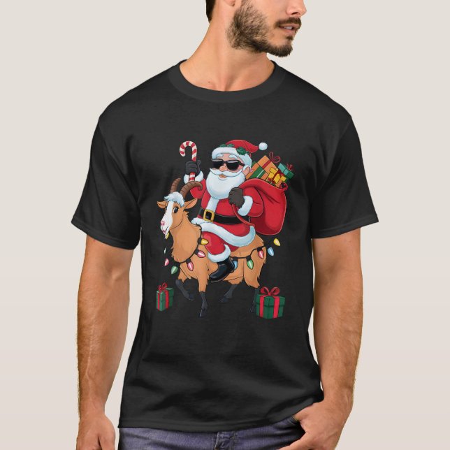 Funny Goat Xmas Lighting Santa Riding Goat Christm T-Shirt (Front)